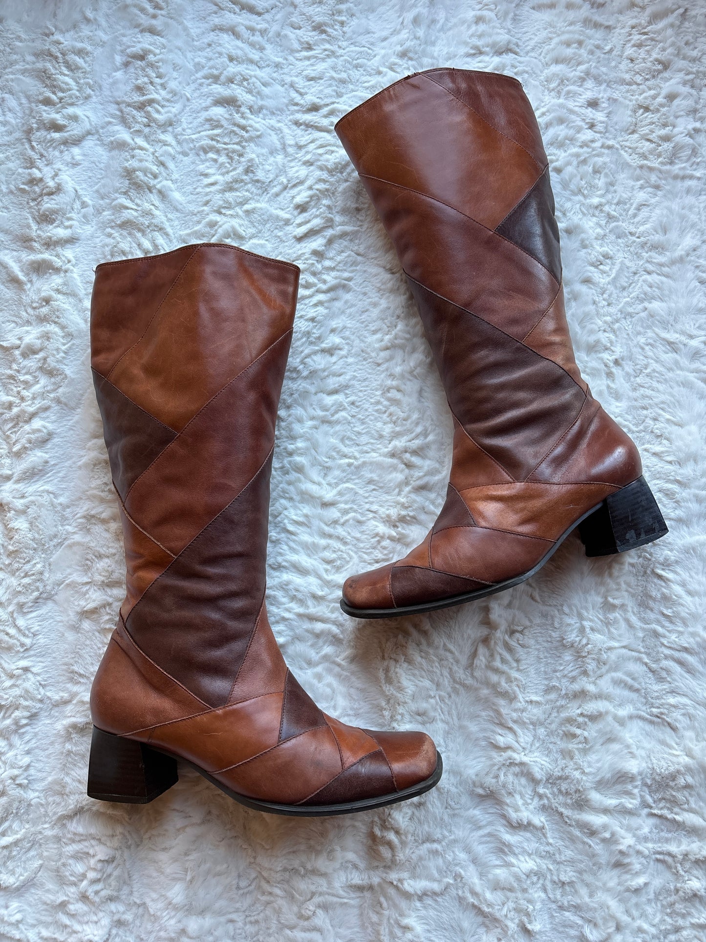 Vintage 90's Patchwork Leather Block Heel Boots