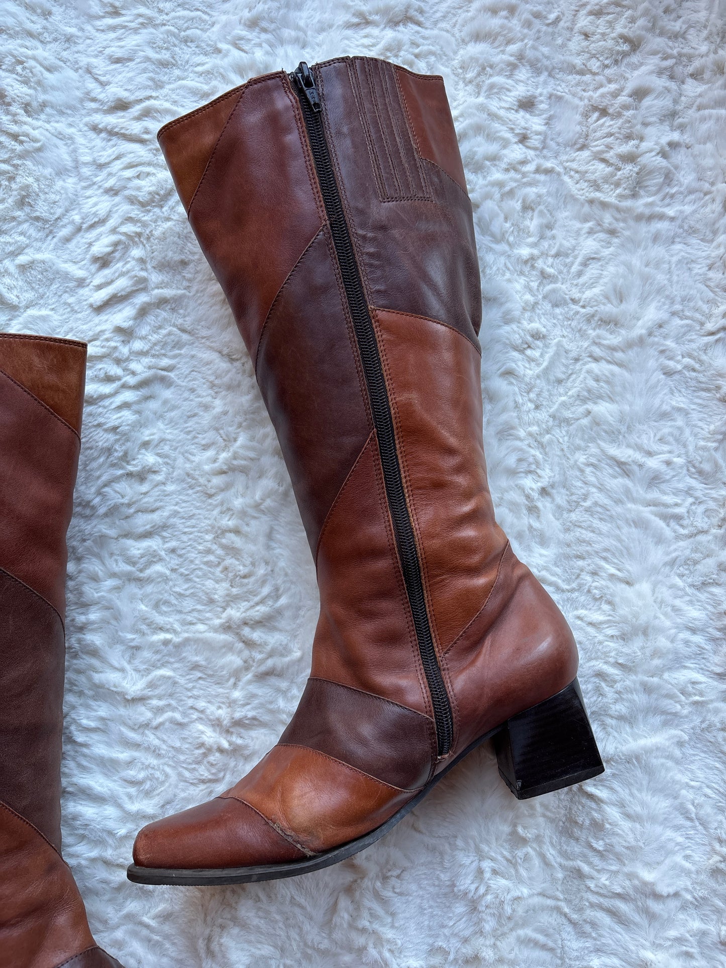 Vintage 90's Patchwork Leather Block Heel Boots