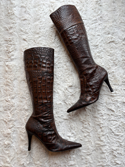 Vintage Y2K Zara Croc Embossed Leather Stiletto Boots