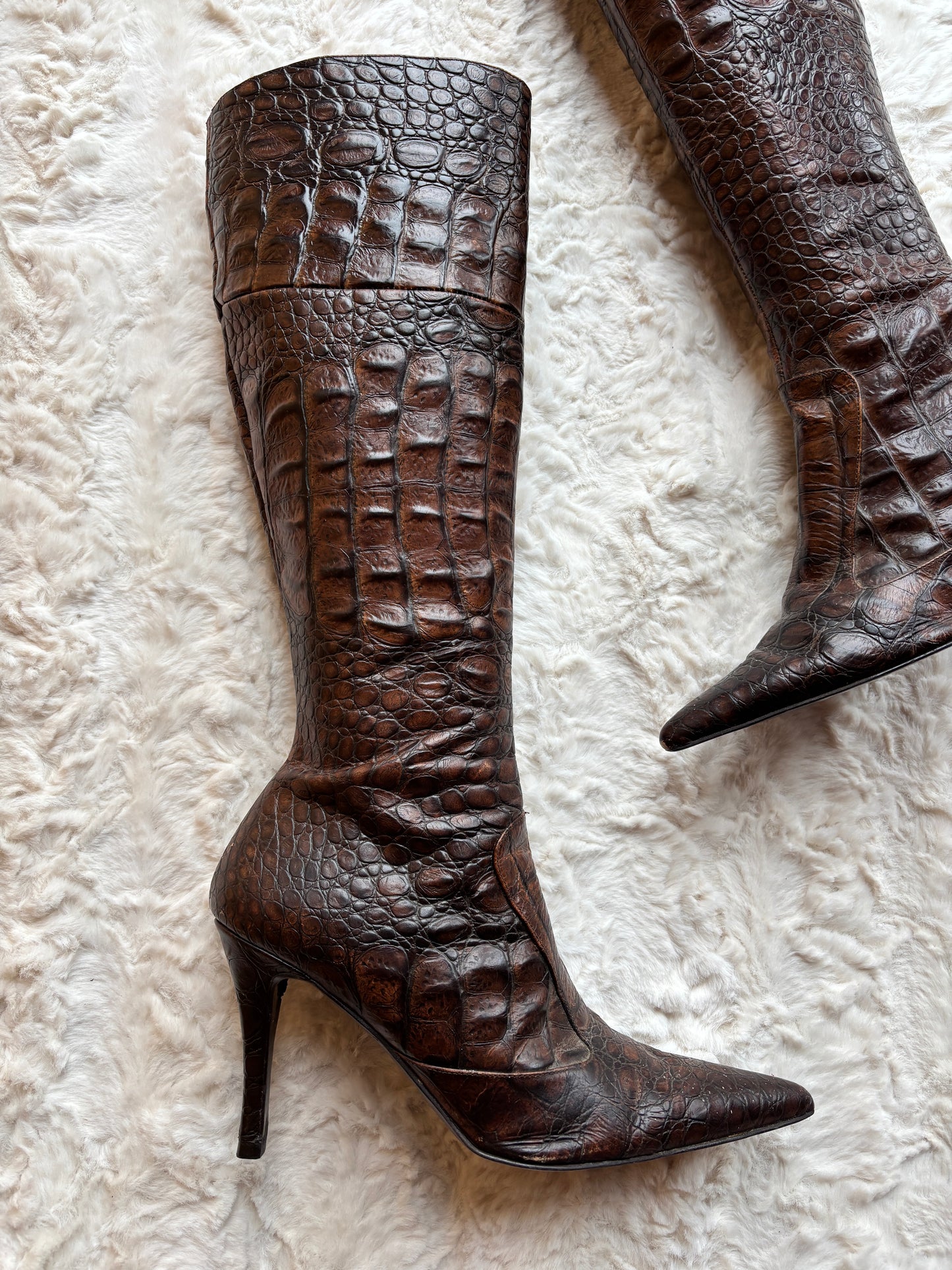 Vintage Y2K Zara Croc Embossed Leather Stiletto Boots