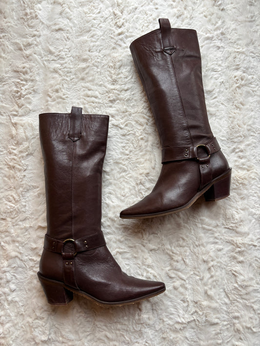 Vintage 90's Harness Detail Leather Cowboy Boots